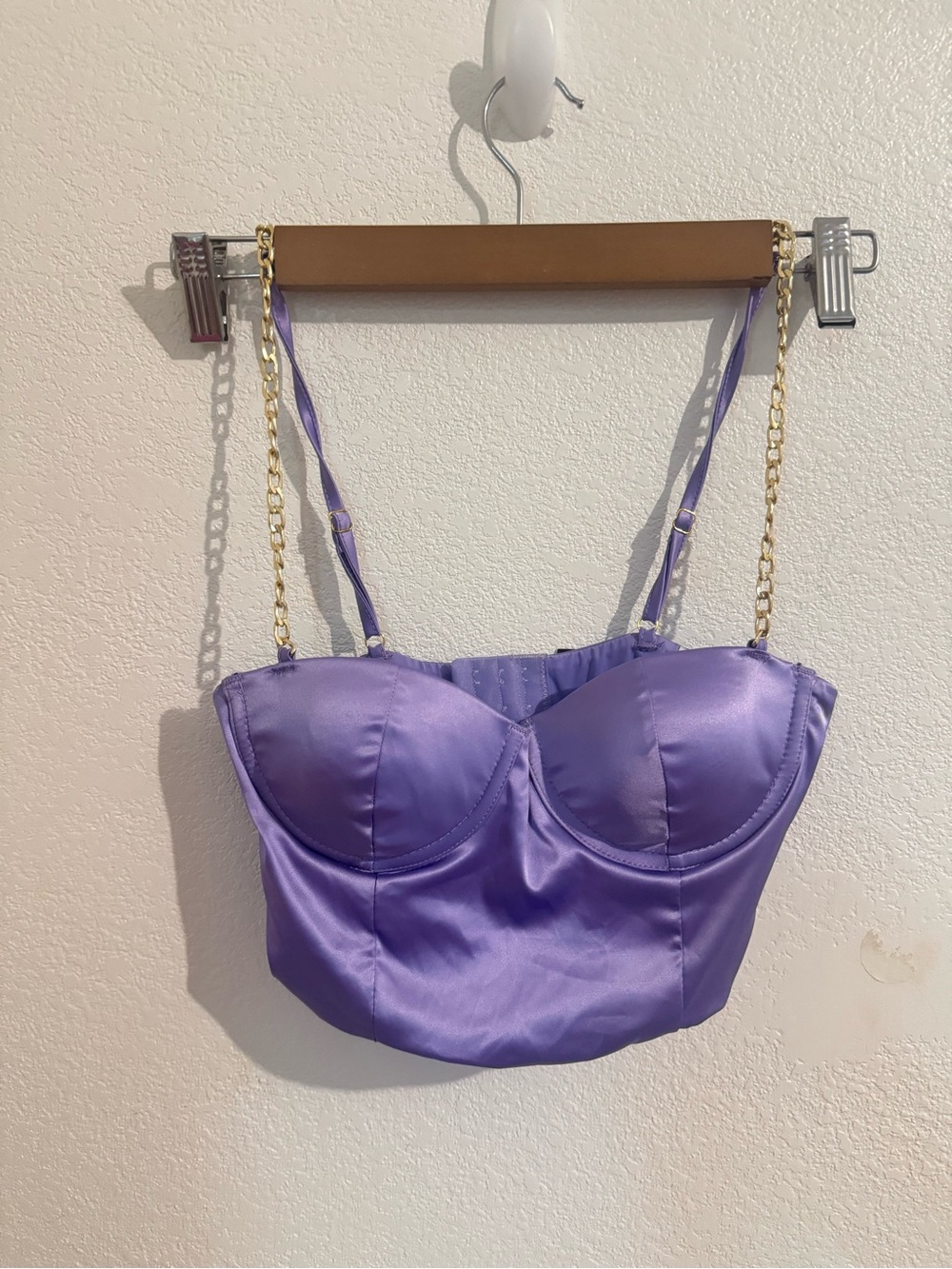 Purple Satin Bustier Crop Top with Gold Chain Straps